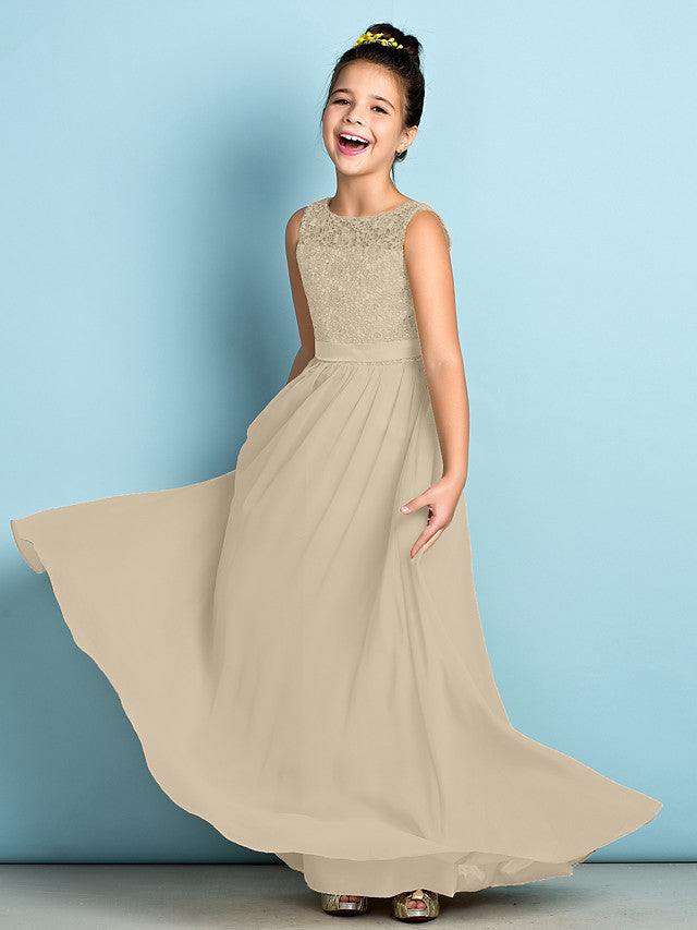 Long A-Line Scoop Neck Floor Length Chiffon Lace Junior Bridesmaid Dress