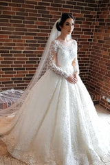 Elegant Long A-line Sweetheart Lace Wedding Dresses with Long Sleeves