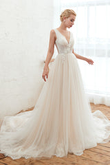 Long A-line V-neck Chapel Train Tulle Wedding Dress