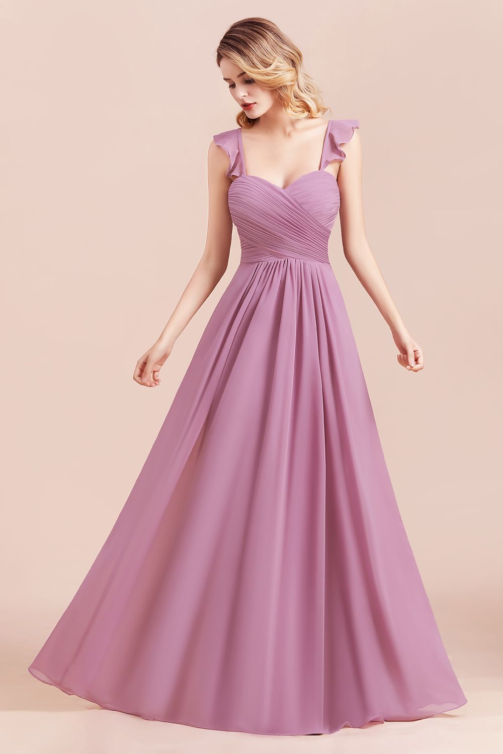 Sweetheart Ruffles Straps Chiffon Long Bridesmaid Dress A-Line Sleeveless Party Dress