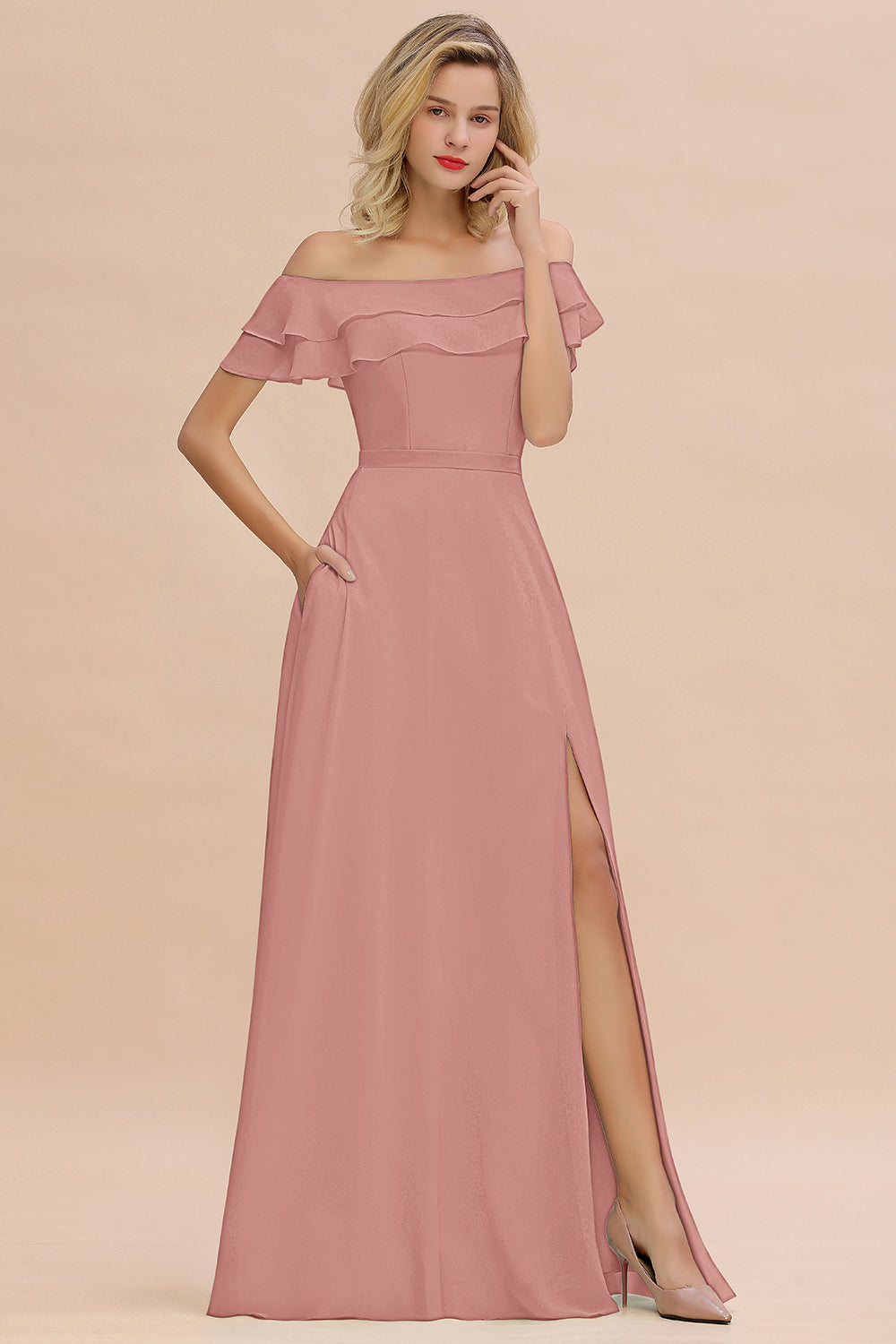 Off the Shoulder Front Slit Mint Green Long Bridesmaid Dress