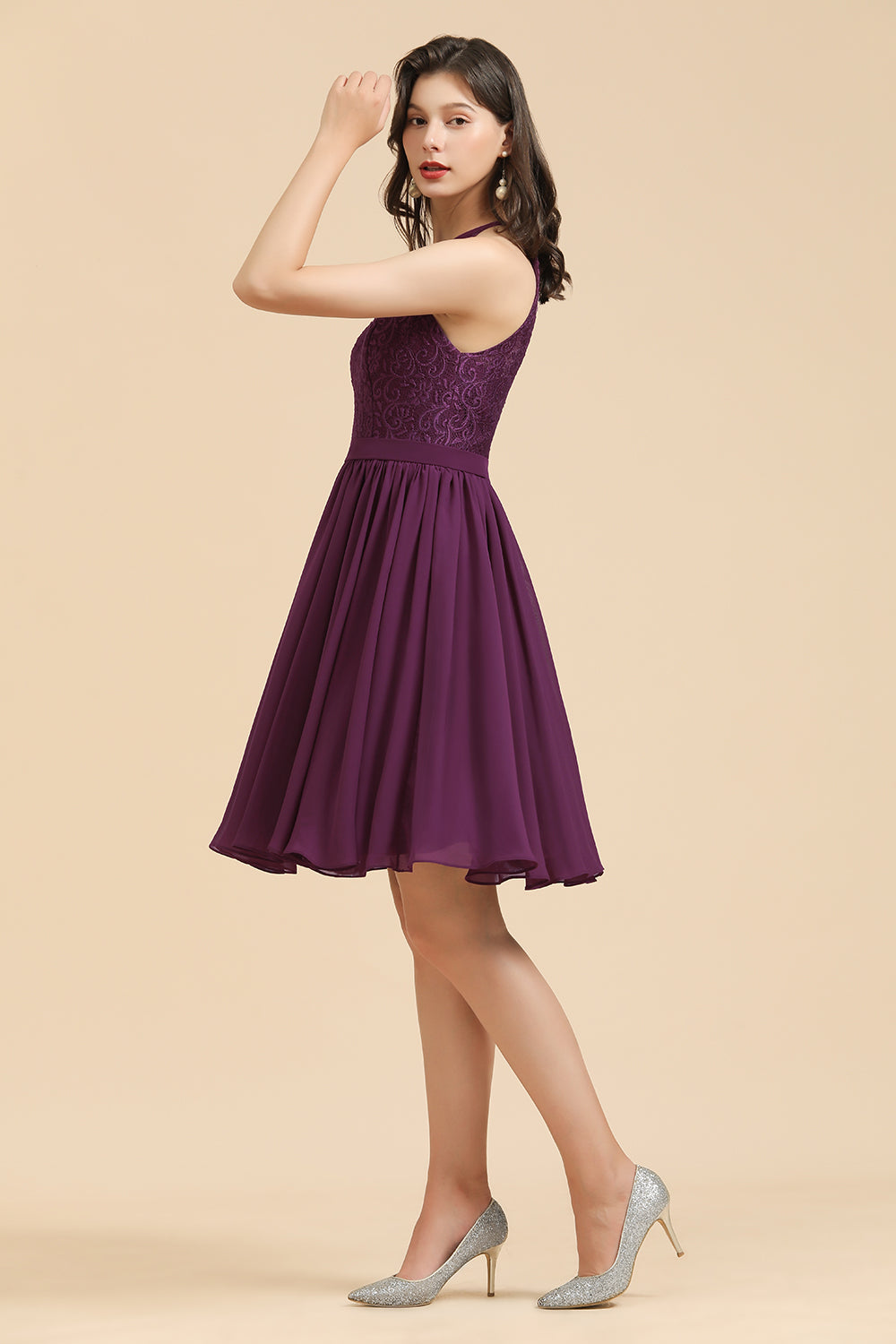 Short A-line Halter Lace Bridesmaid Dress Chiffon Wedding Party Dress