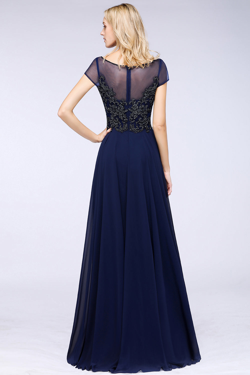 Elegant A-Line Short Sleeves Appliques Beads Bridesmaid Dress