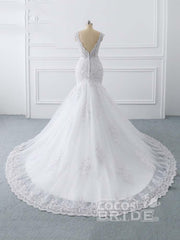 Long V-Neck Mermaid Tulle Lace Wedding Dresses