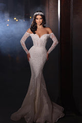 Gorgeous Long Mermaid Off the Shoulder Lace Wedding Dress with Sleeves