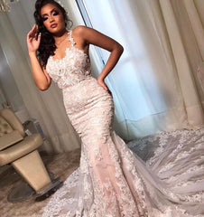 Stunning Long Mermaid Spaghetti Straps Open Back Lace Wedding Dresses
