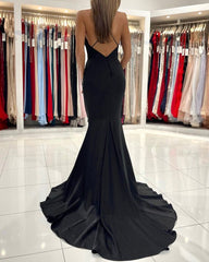 Sexy Black Long Spaghetti Straps V-neck Backless Mermaid Black Prom Dress