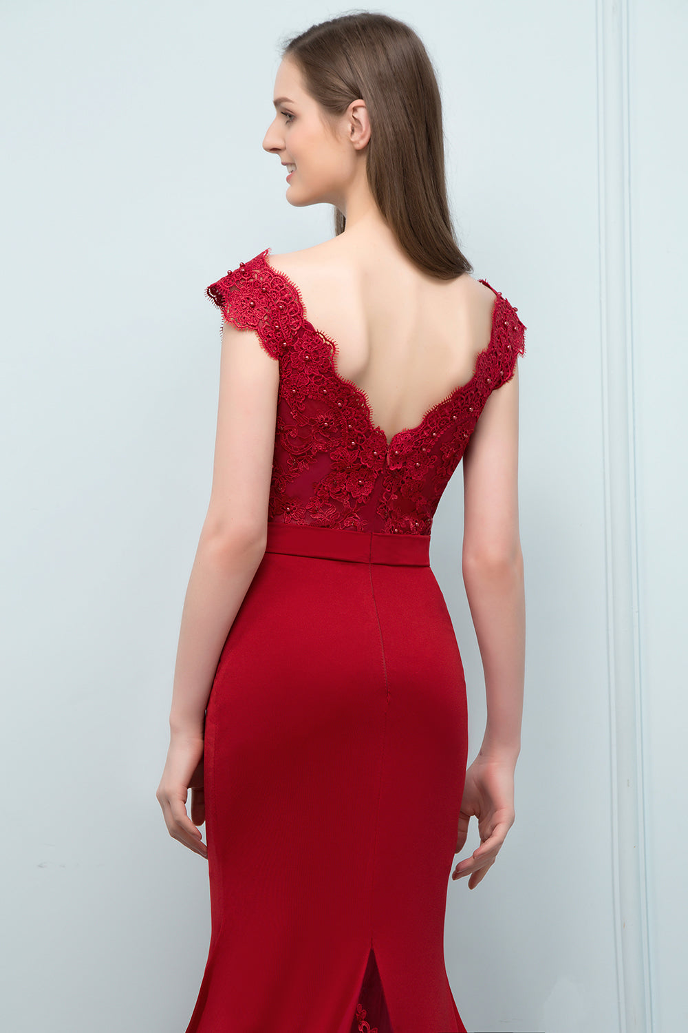 Red Long V-neck Stretch Satin Mermaid Evening Dress