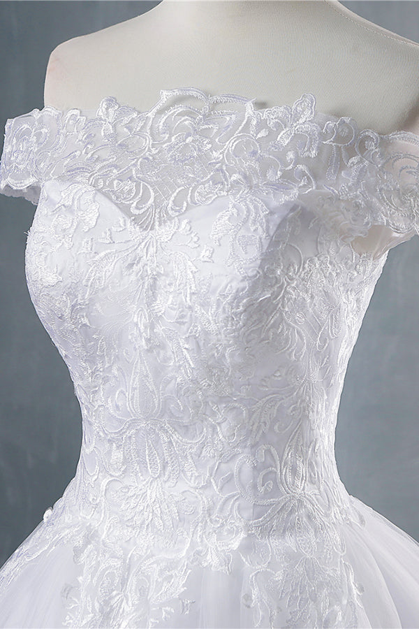 Elegant Long Off The Shoulder Appliques Lace Tulle A-line Wedding Dress