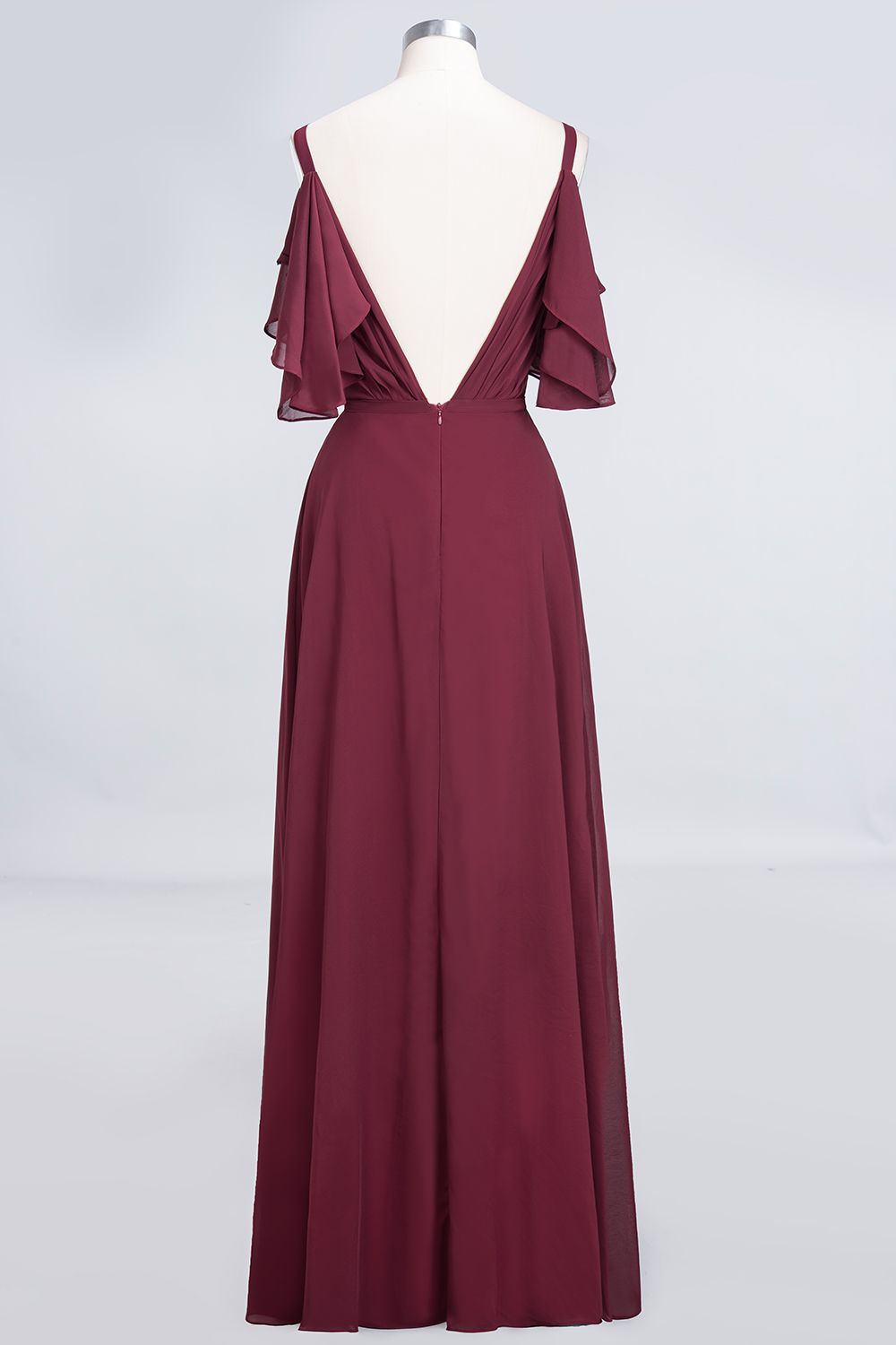 A-Line Chiffon V-Neck Straps Sleeveless Ruffles Floor Length Bridesmaid Dress with Pearls
