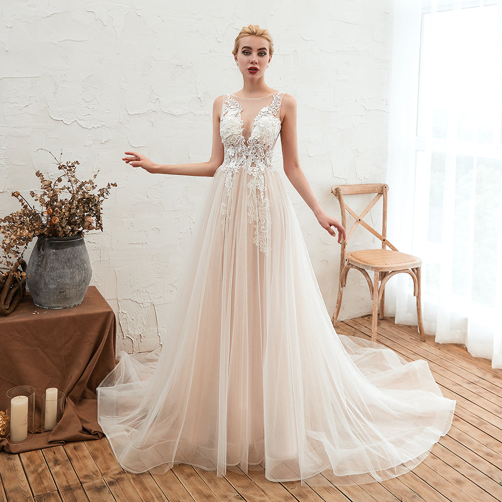 Long A-line Bateau Tulle Open Back Wedding Dress With Floral Lace