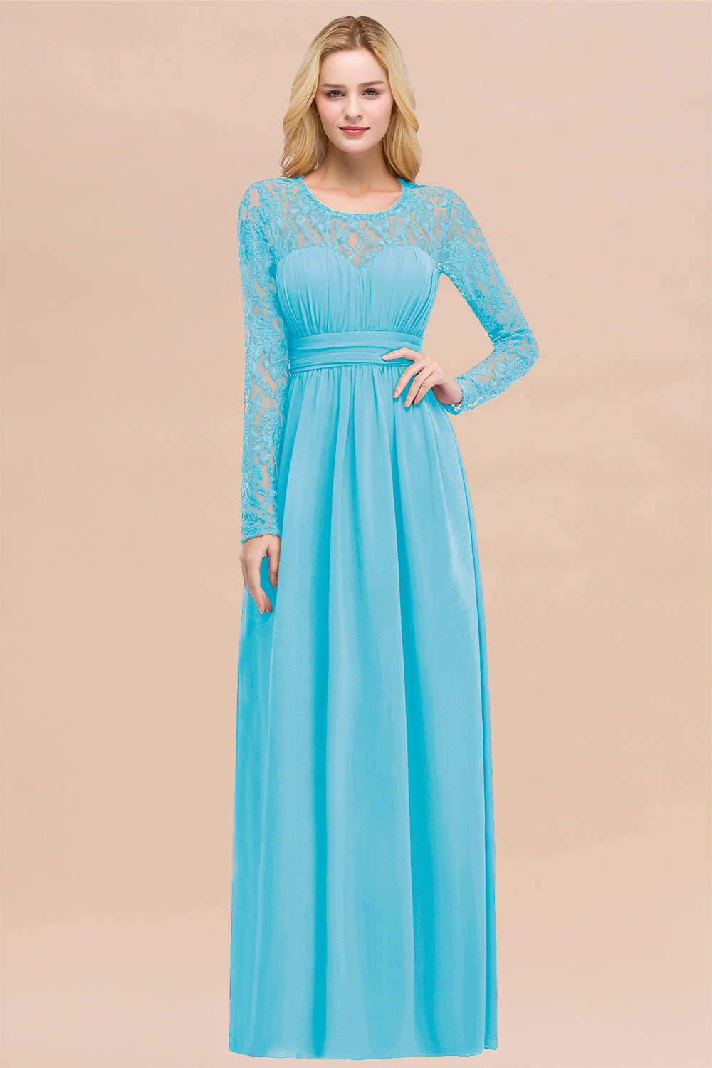 Elegant A-Line Chiffon Jewel Long Sleeves Ruffles Floor Length Bridesmaid Dresses
