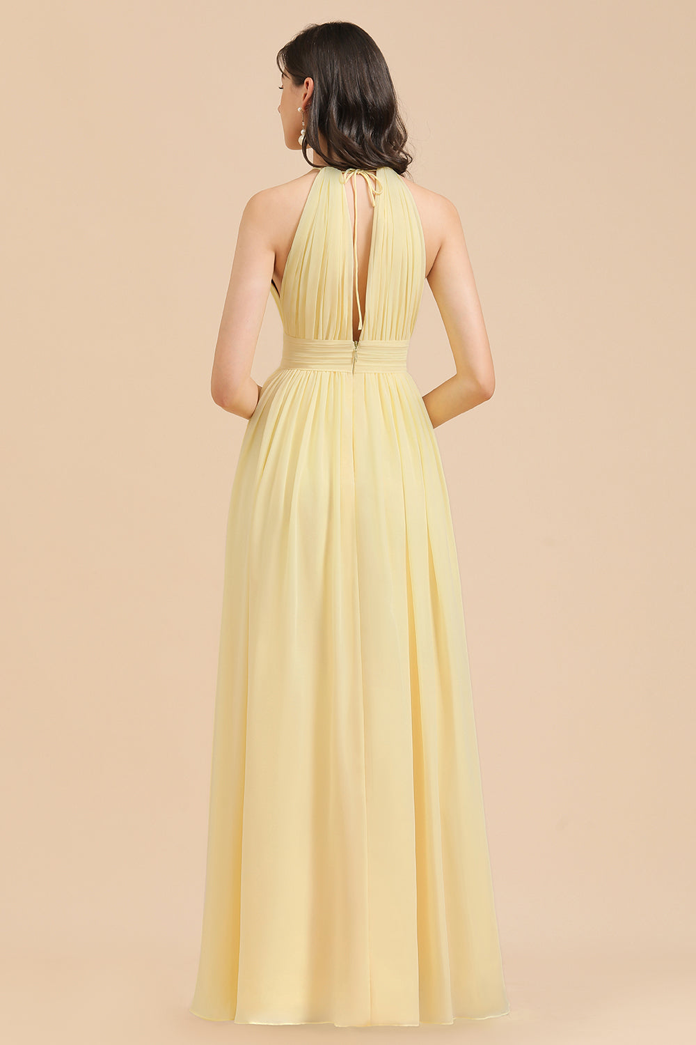 Long A-line Halter Pleated Chiffon Daffodil Bridesmaid Dress with Slit
