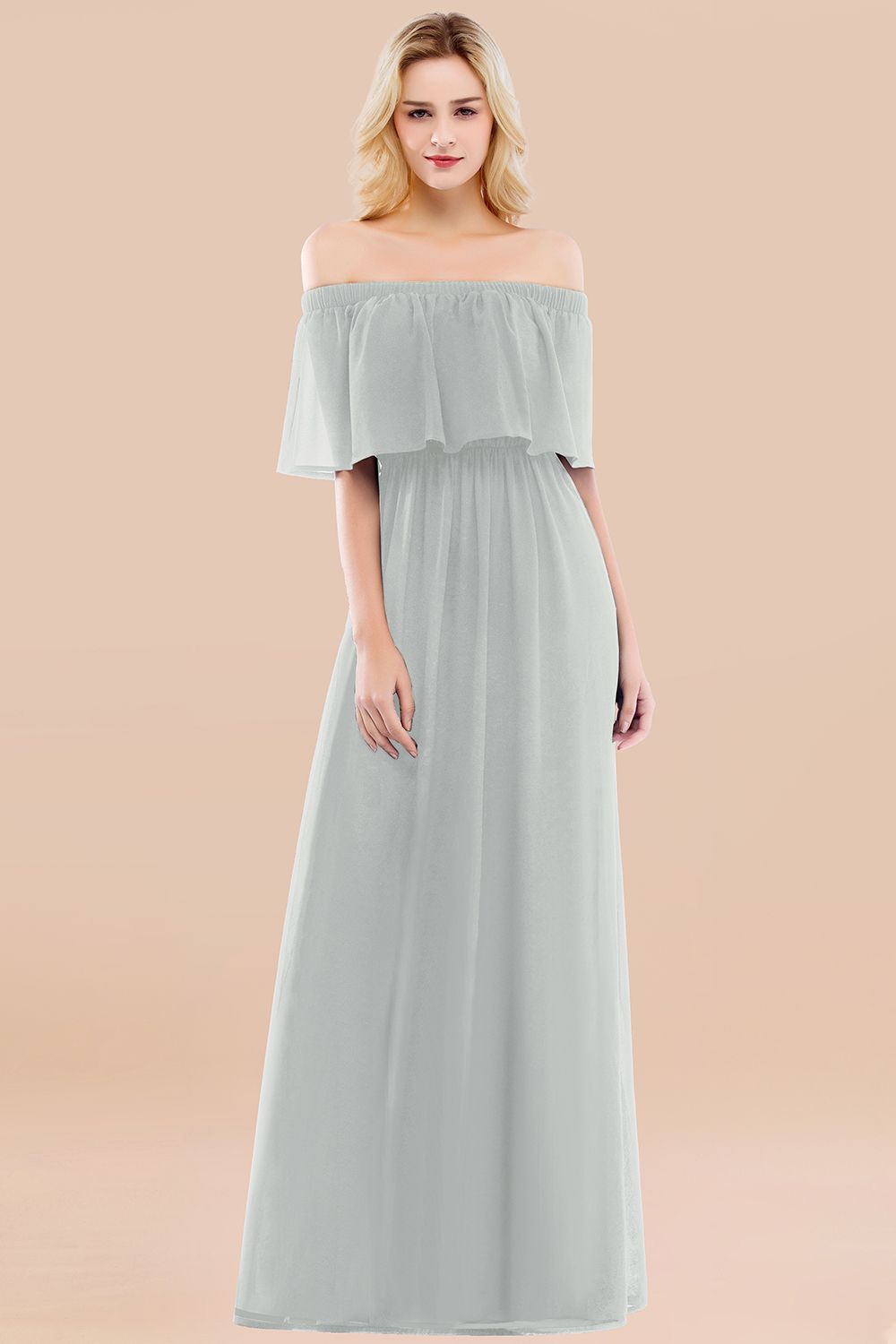 A-line Chiffon Off the Shoulder Short Sleeves Ruffles Floor Length Bridesmaid Dress