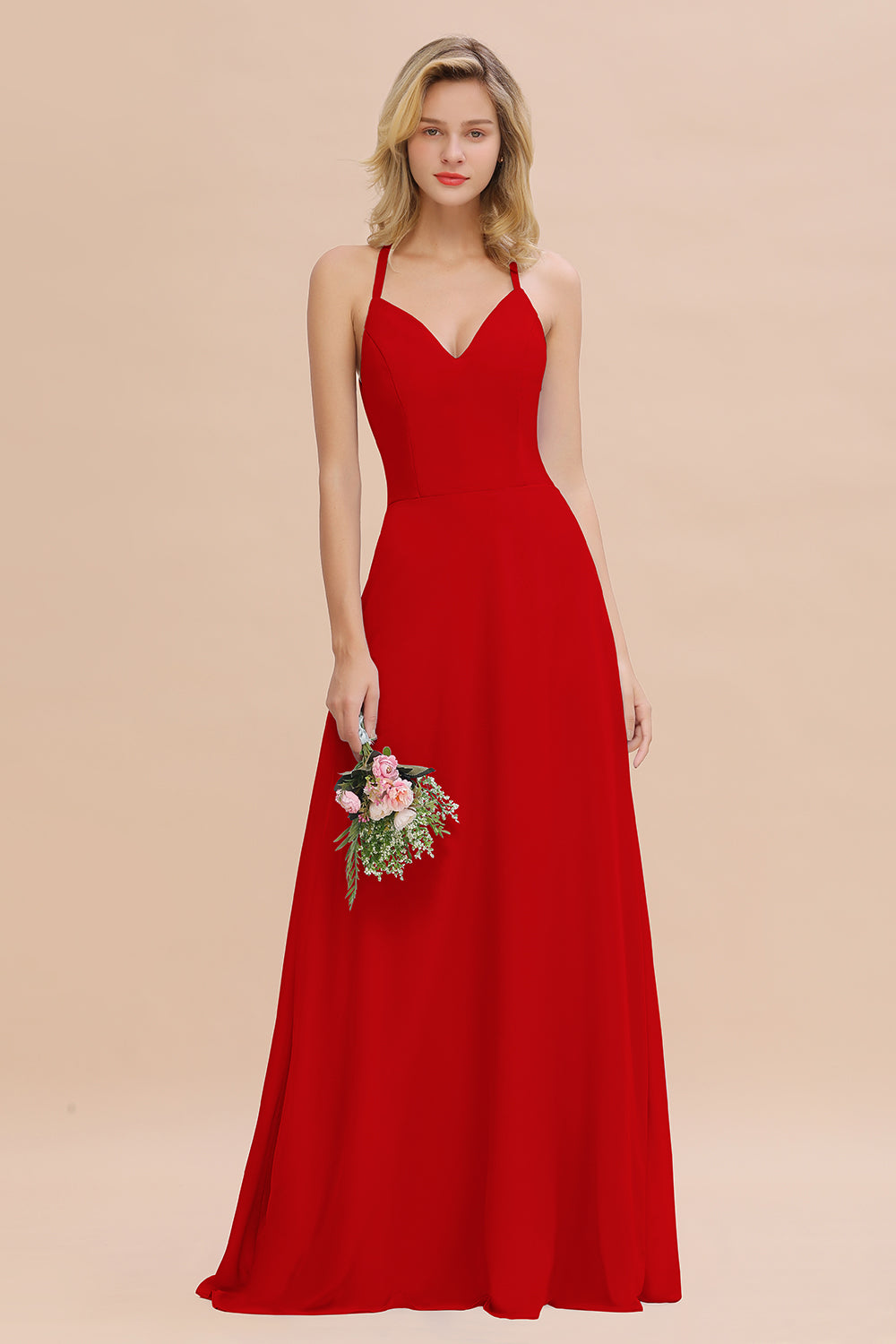 Stylish Chiffon Spaghetti Straps Sleeveless Long Bridesmaid Dress