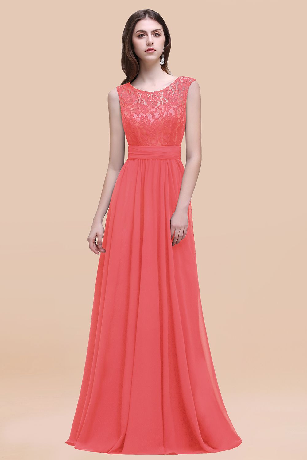 Elegant A-line Chiffon Lace Scoop Sleeveless Floor Length Bridesmaid Dress