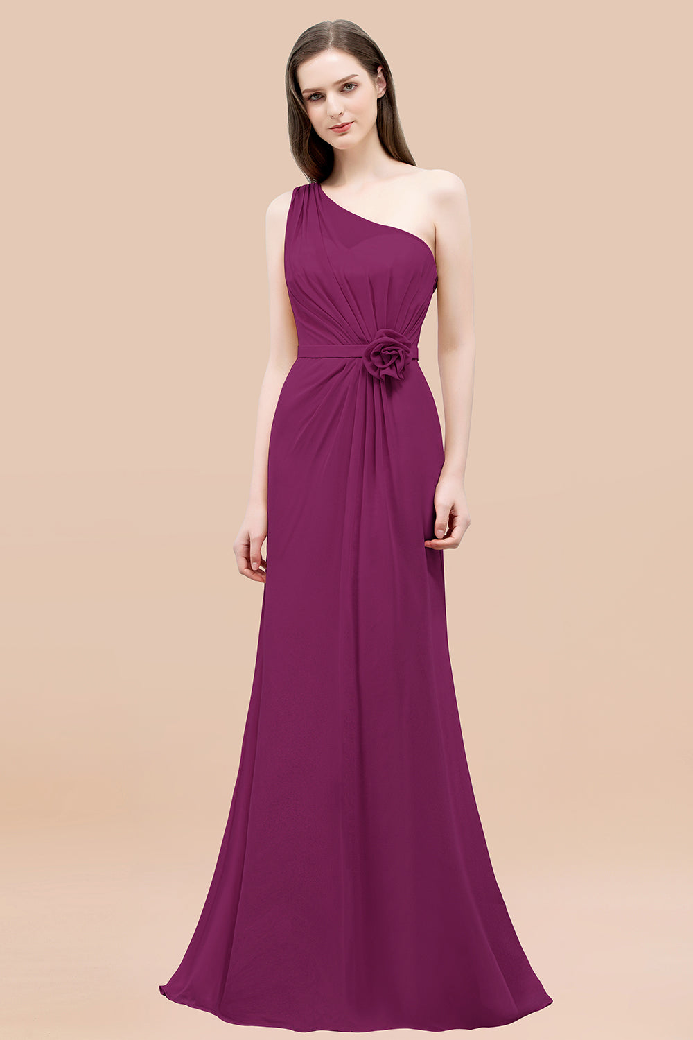 Mermaid Chiffon One Shoulder Sleeveless Ruffled Floor Length Bridesmaid Dresses with Flower