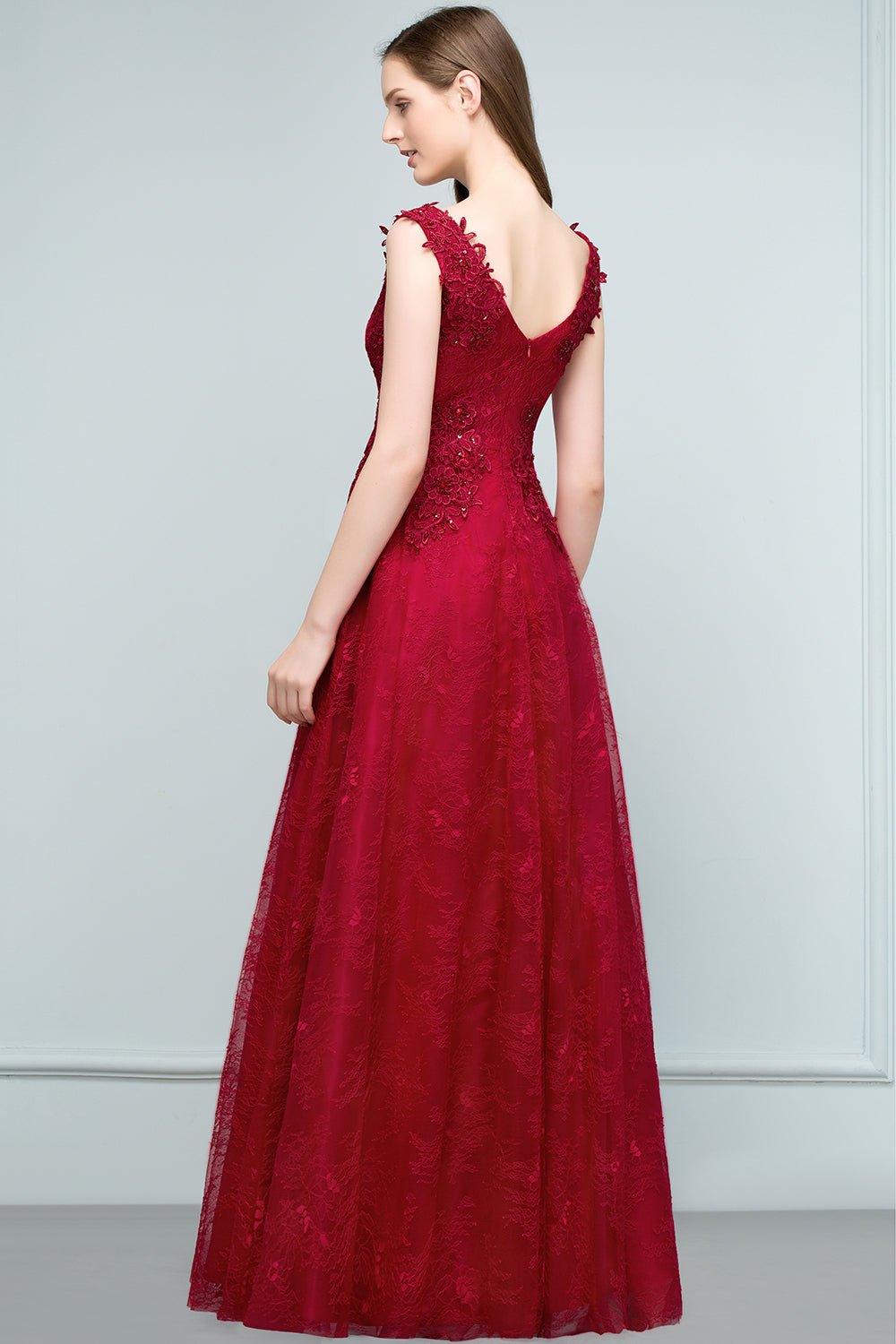 Long V-neck Tulle Lace A-line Evening Formal Dress