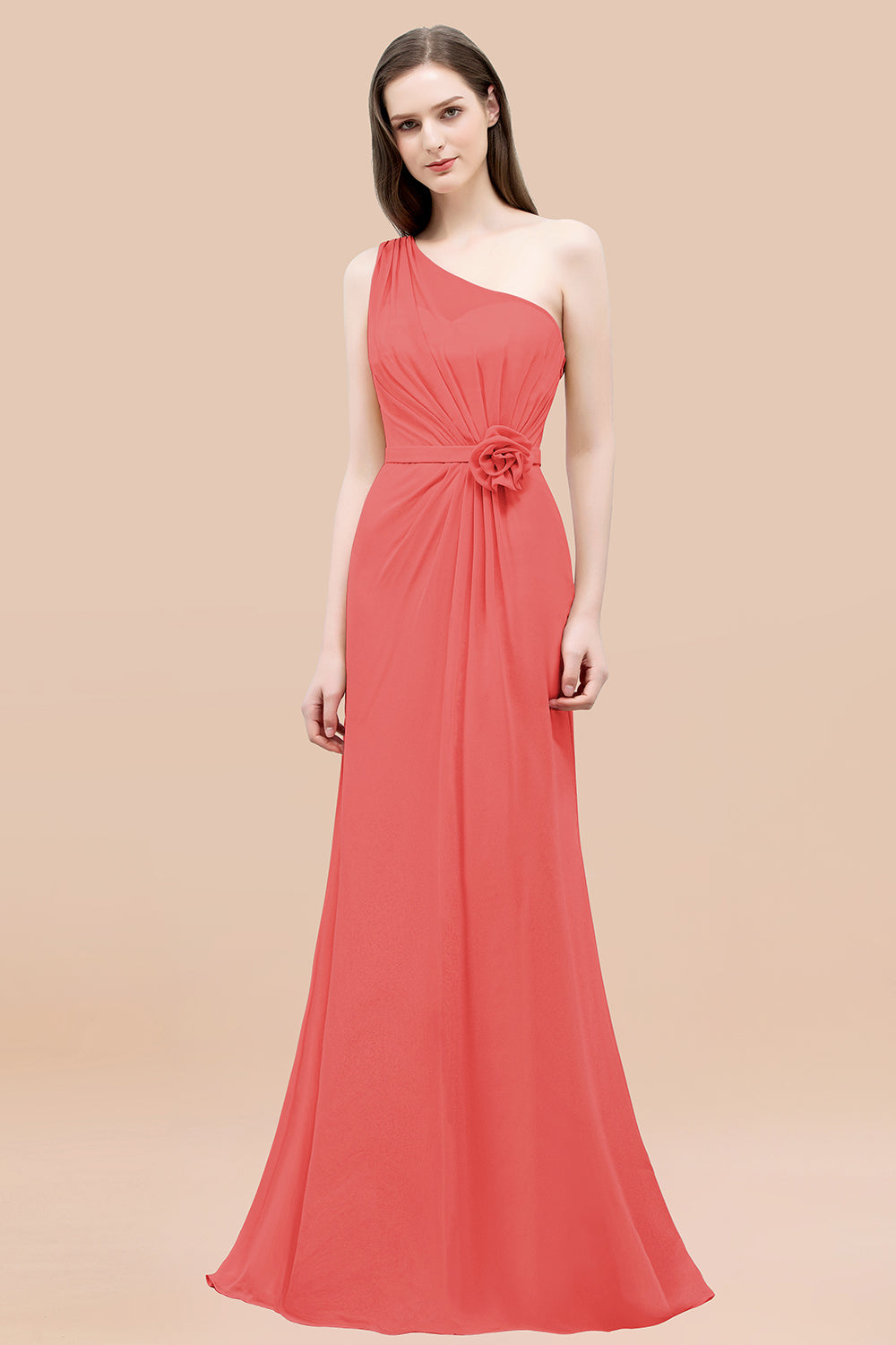 Mermaid Chiffon One Shoulder Sleeveless Ruffled Floor Length Bridesmaid Dresses with Flower
