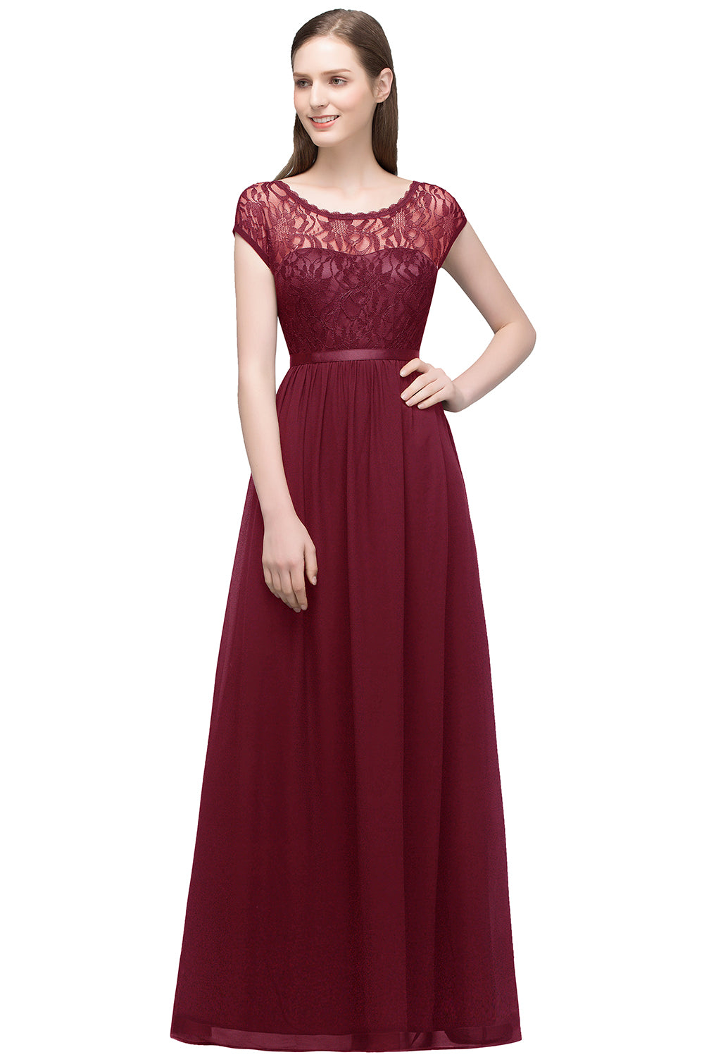 A-line Floor Length Short Sleeves Lace Bridesmaid Dresses with Sash