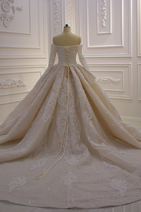 Gorgeous Off the Shoulder Long Sleeve Appliques Lace Ball Gown Wedding Dress