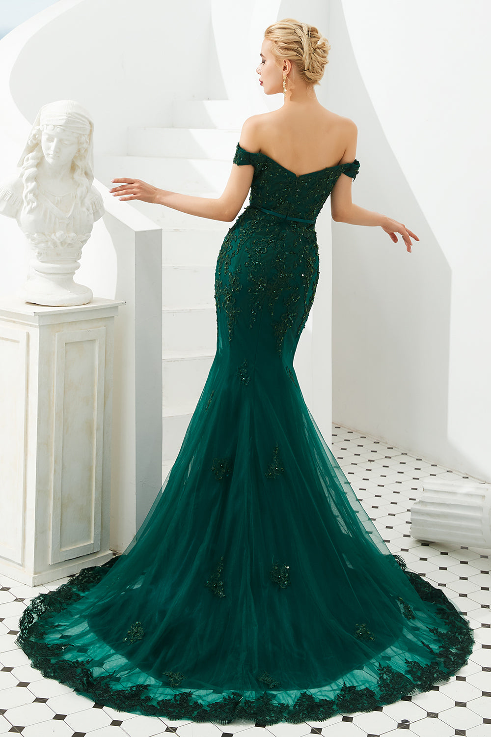 Elegant Dark Green Long Mermaid Off the Shoulder Tulle Lace Formal Evening Dresses