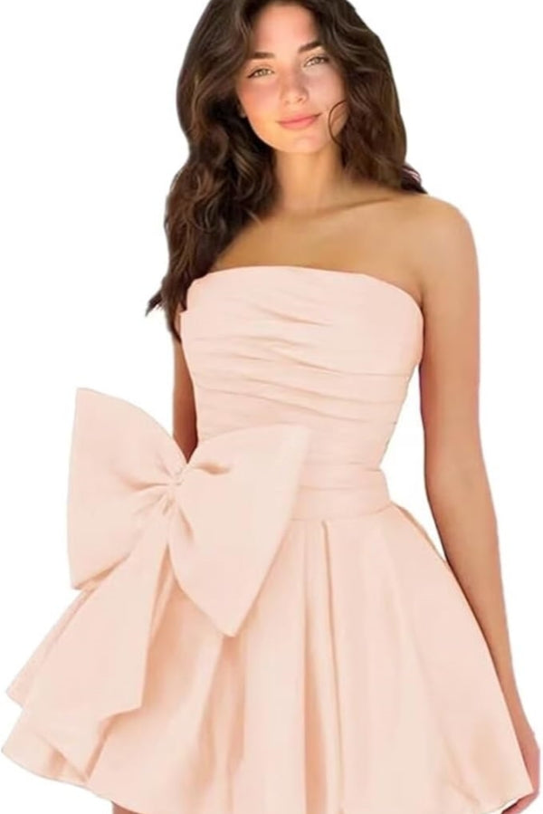 Simple Short A-line Strapless Sleeveless Ruffle Satin Homecoming Dress