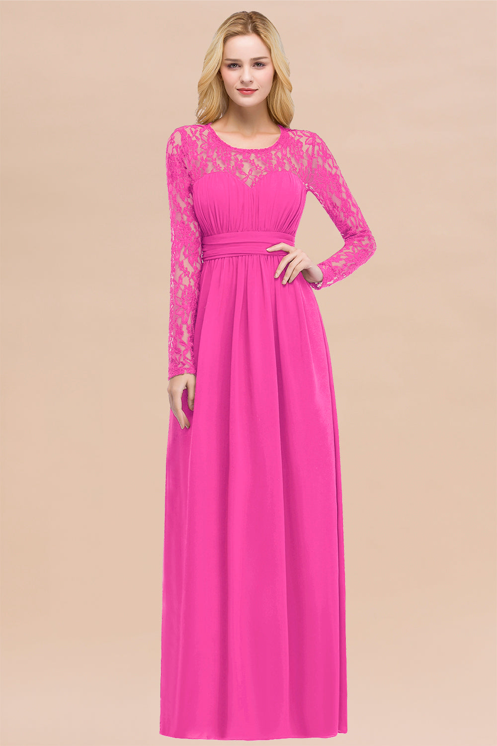 Elegant A-Line Chiffon Jewel Long Sleeves Ruffles Floor Length Bridesmaid Dresses