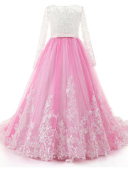 Long Ball Gown Boho Tulle Lace Flower Girl Dresses with Sleeves