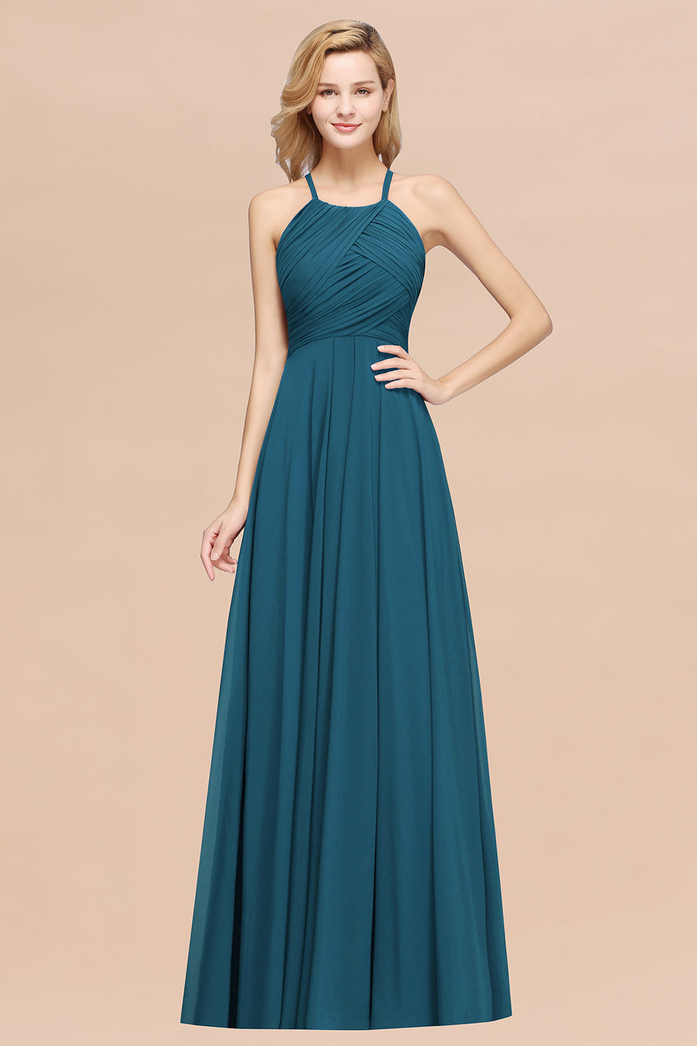 A-Line Chiffon Halter Ruffles Floor Length Bridesmaid Dress
