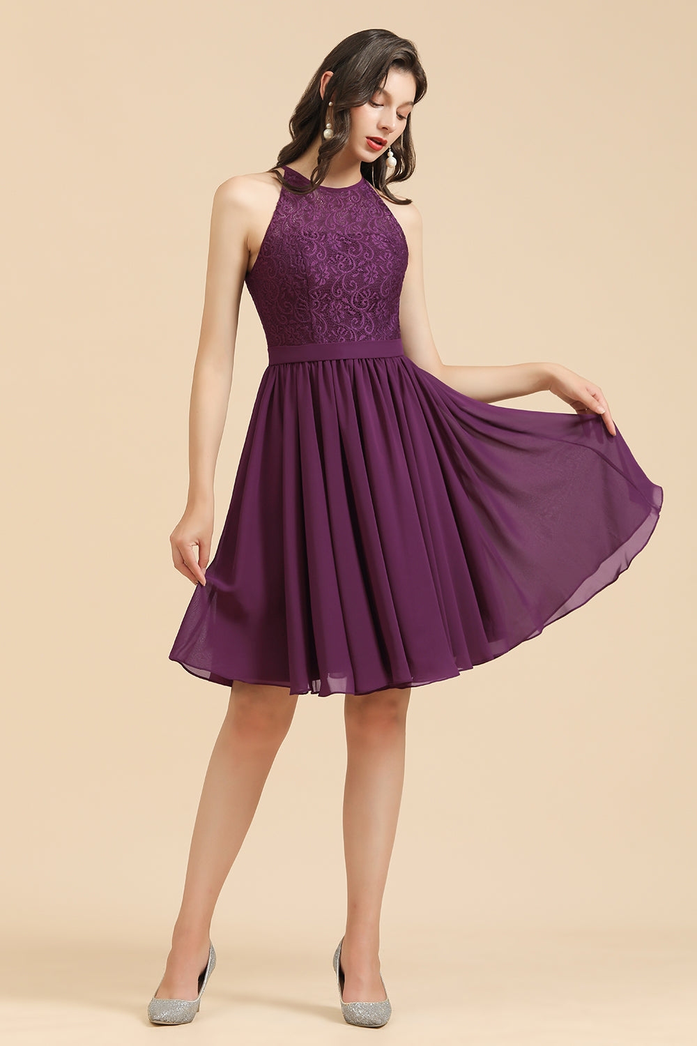 Short A-line Halter Lace Bridesmaid Dress Chiffon Wedding Party Dress
