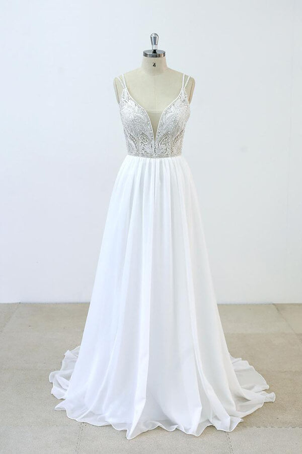 Elegant Long V-neck Beading Chiffon A-line Wedding Dress