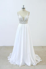Elegant Long V-neck Beading Chiffon A-line Wedding Dress