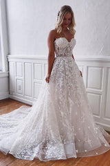 Gorgeous Long A-line Sweetheart Lace Floor length Wedding Dress