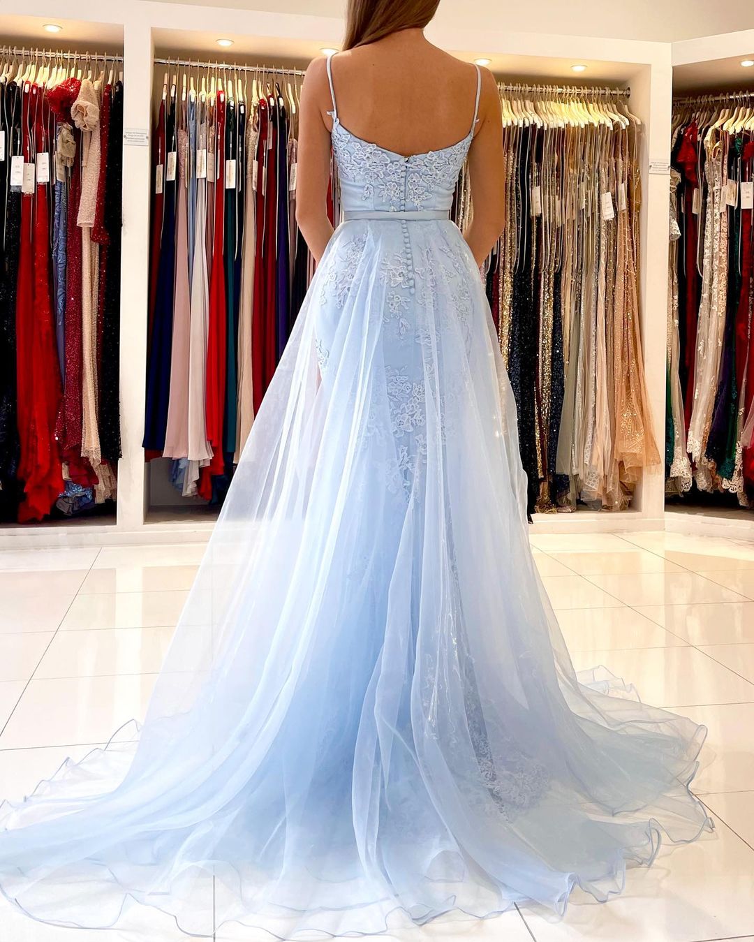 Long Mermaid Spaghetti Straps Prom Dress with Appliques Lace