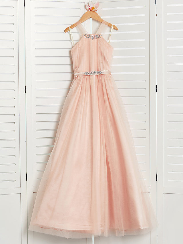 Long A-Line Halter Neck Junior Bridesmaid Dress Tulle Wedding Party Dresses