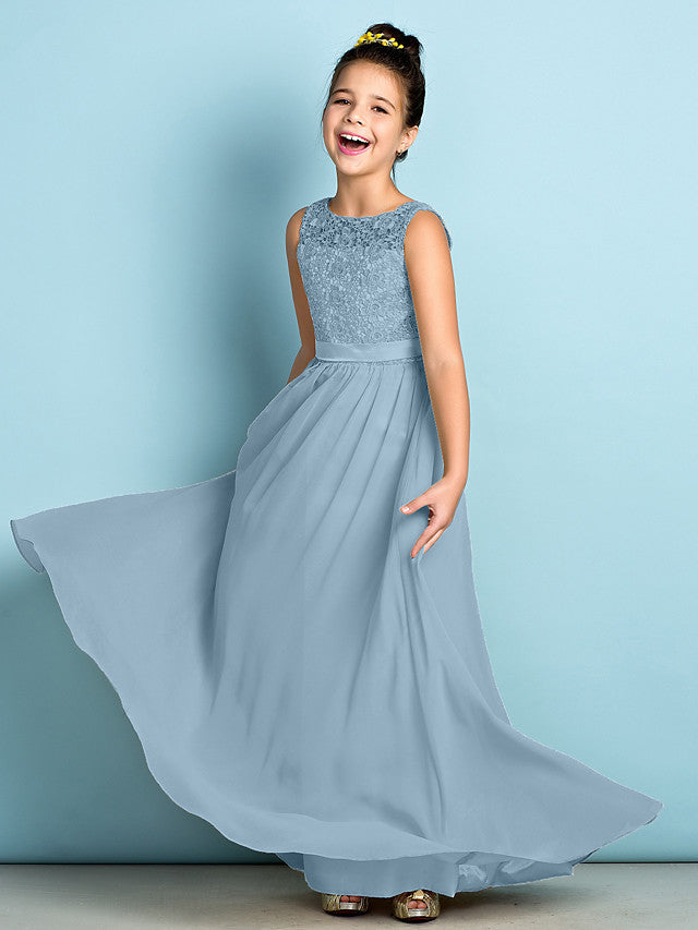Long A-Line Scoop Neck Floor Length Chiffon Lace Junior Bridesmaid Dress