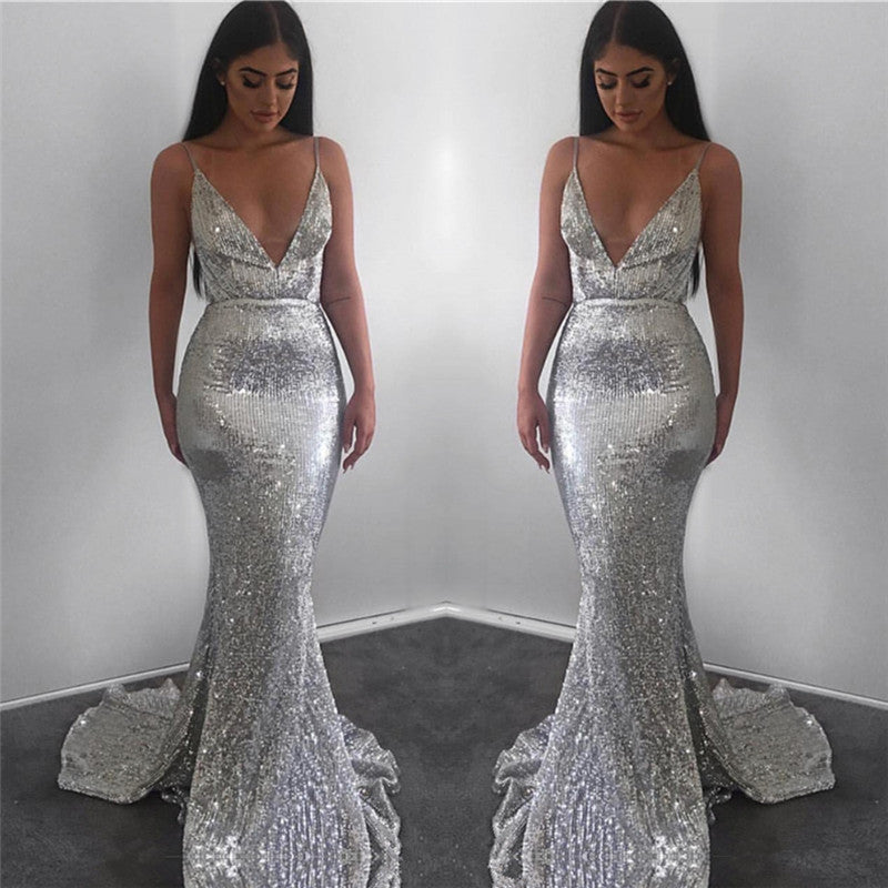 Long V-neck Sequined Mermaid Backless Prom Dress