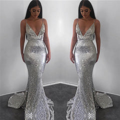 Long V-neck Sequined Mermaid Backless Prom Dress