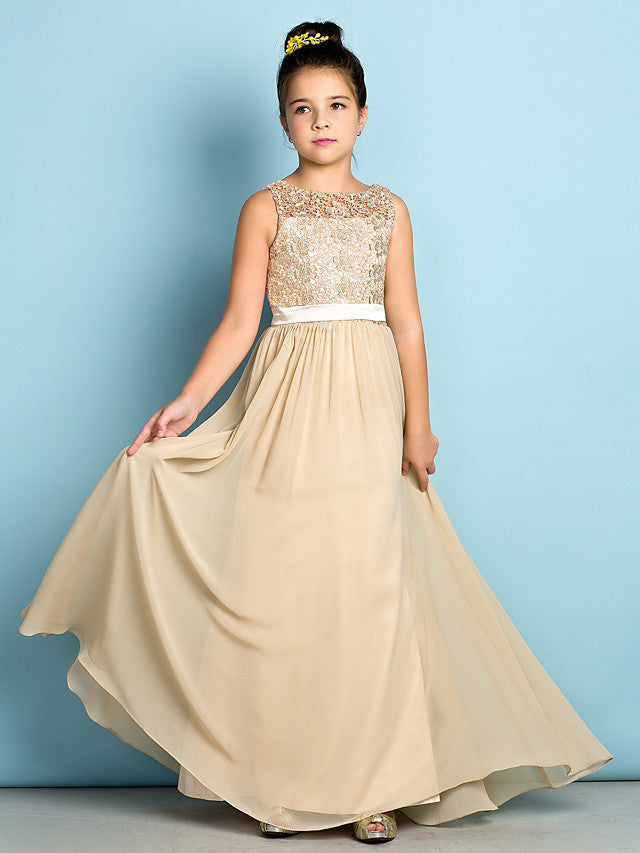 Long A-Line Scoop Neck Floor Length Chiffon Lace Junior Bridesmaid Dress