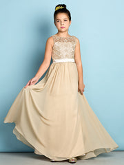 Long A-Line Scoop Neck Floor Length Chiffon Lace Junior Bridesmaid Dress