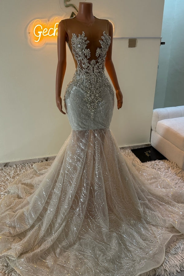 Mermaid Long V-neck Appliques Lace Tulle Prom Dress Beads