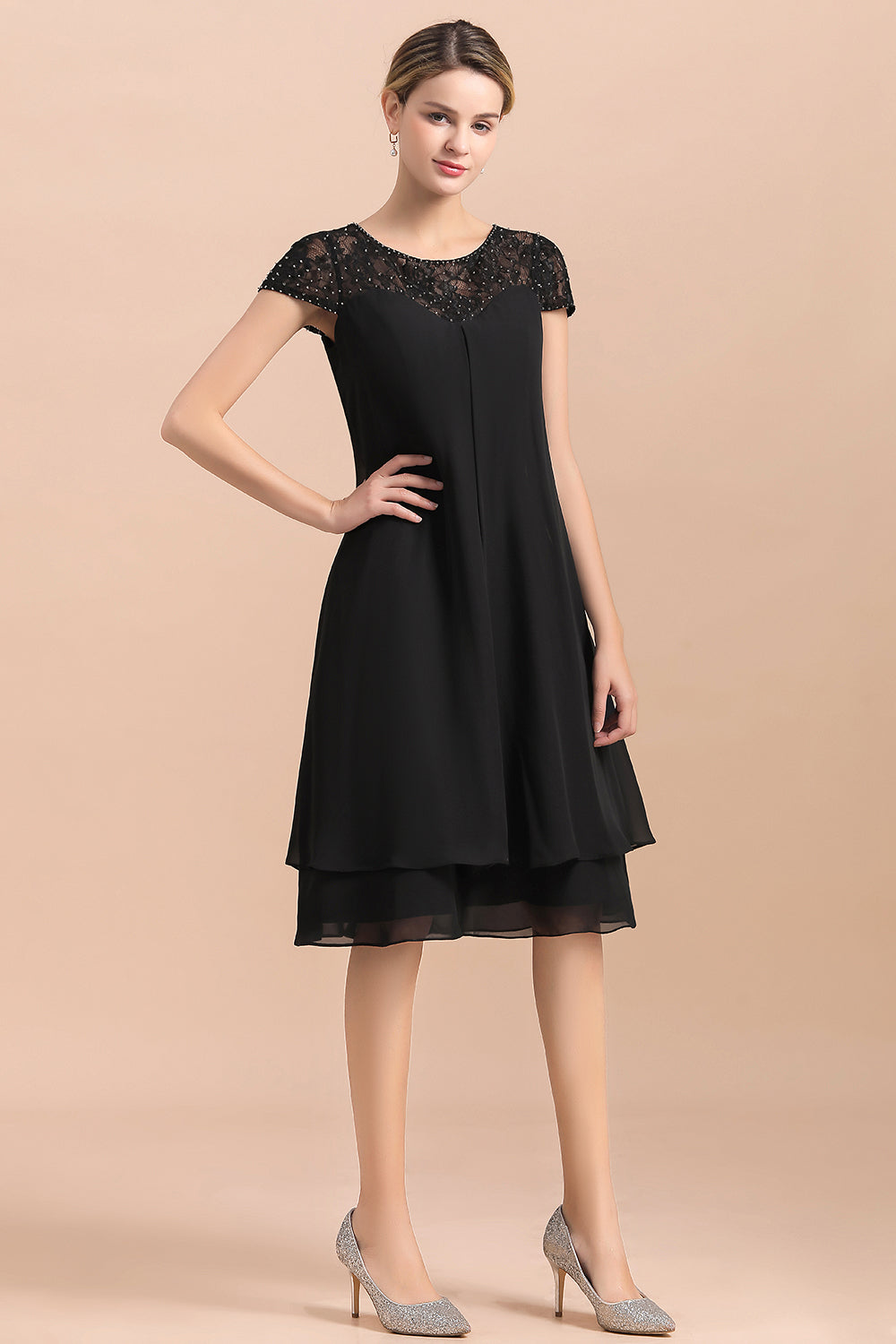 Chiffon Black Cap Sleeve Short Mother of Bride Dress