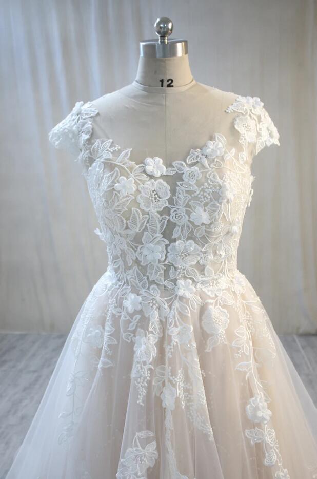 Elegant Plus Size Long A-Line Bateau Backless Appliques Lace Tulle Floor Length Wedding Dress