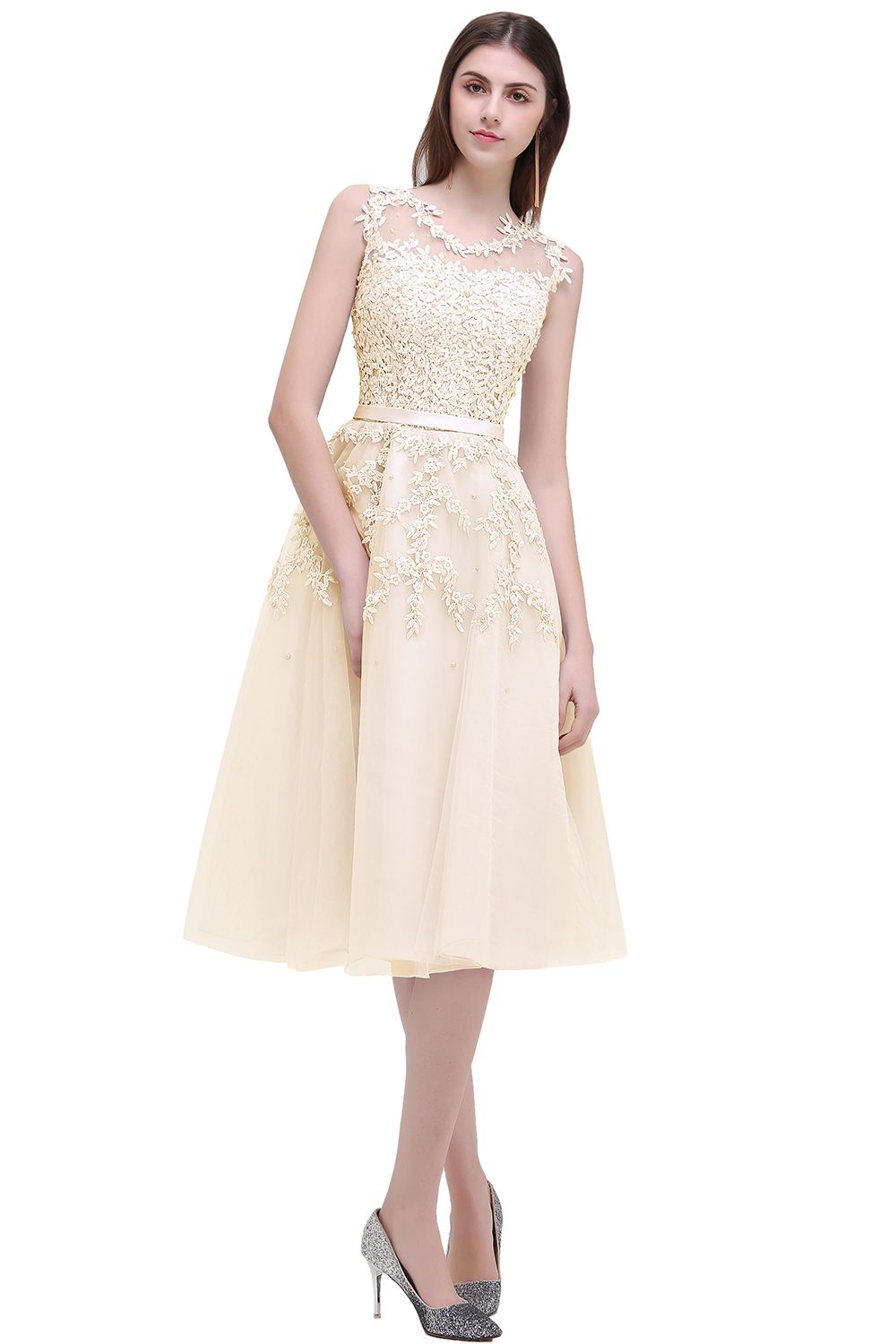 Short A-line Sleeveless Crew Neck Tulle Lace Formal Dress