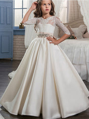 Ivory Long Ball Gown Floor Length Satin Flower Girl Dresses with Sleeves