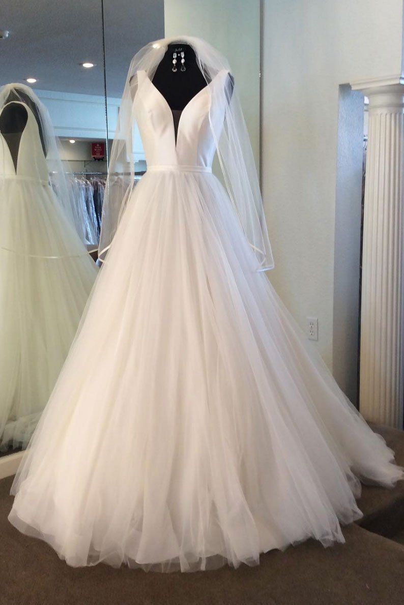 White A-line Tulle Satin V Neck Long Tulle Wedding Dress