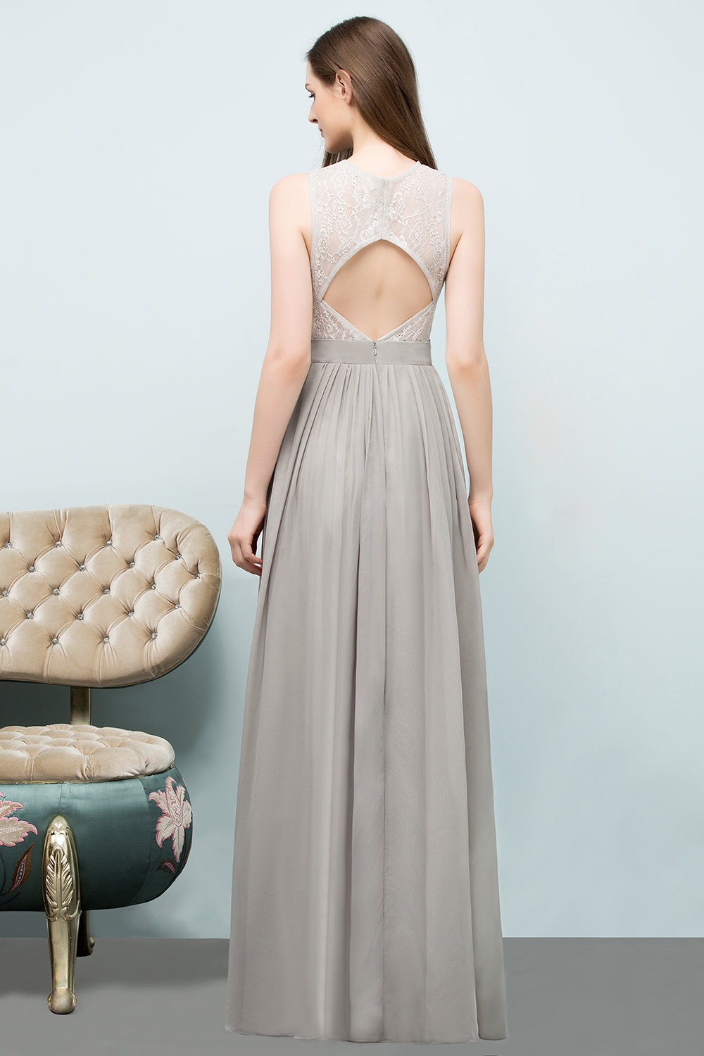 A-line Chiffon Lace Jewel Sleeveless Floor Length Bridesmaid Dresses