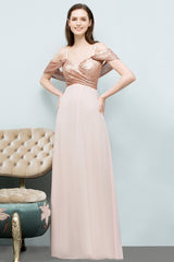 A-line Chiffon Sequins Straps Sweetheart Sleeveless Floor Length Bridesmaid Dresses