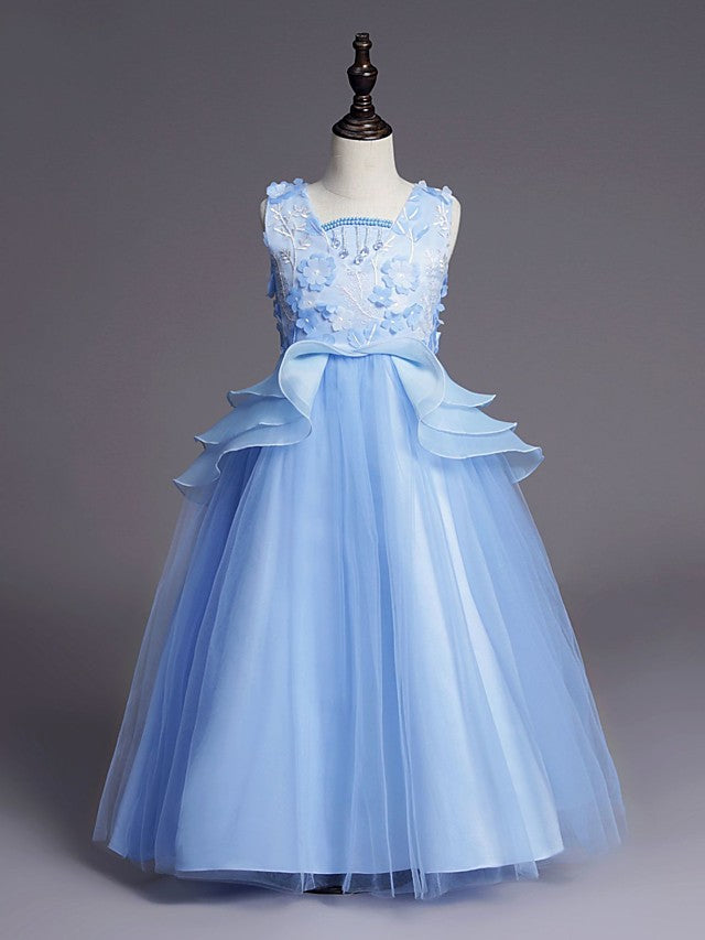 White Long A-line Tull Lace Sleeveless Jewel Neck Flower Girl Dresses